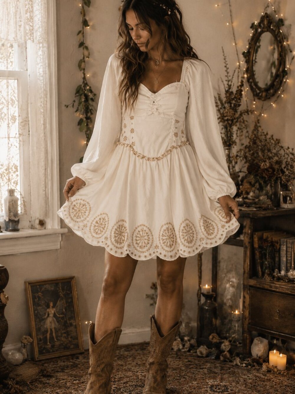 Embroidered Boho Mini Dress Small Fairycore 70s Hippie Fairy Renfair Cottagecore